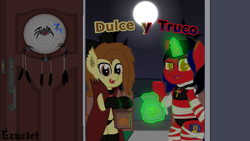 Size: 1280x720 | Tagged: safe, artist:tcgamebot, derpibooru import, oc, oc only, oc:eclipse shine, oc:flani bainilye, earth pony, pony, spider, unicorn, bandage, bipedal, bow, candy bag, clothes, collar, costume, dialogue, door, dreamcatcher, female, full moon, halloween, halloween costume, holiday, house, magic, mare, moon, mummy costume, night, pointy ponies, rule 63, socks, spanish text, spider web, stars, trick or treat, vampire costume