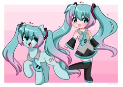 Size: 1394x986 | Tagged: safe, artist:kittyrosie, derpibooru import, earth pony, human, pony, clothes, cute, duo, female, gradient background, hatsune miku, human ponidox, kotobukiya, kotobukiya hatsune miku pony, necktie, pigtails, ponified, self ponidox, vocaloid