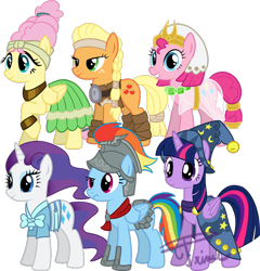 Size: 800x834 | Tagged: safe, artist:crowneprince, derpibooru import, applejack, flash magnus, fluttershy, meadowbrook, mistmane, pinkie pie, rainbow dash, rarity, rockhoof, somnambula, star swirl the bearded, twilight sparkle, alicorn, earth pony, pegasus, pony, unicorn, armor, clothes, cosplay, costume, female, mane six, mare, pillars of equestria, simple background, transparent background