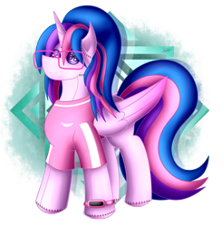 Size: 1274x1300 | Tagged: safe, artist:thebenalpha, derpibooru import, oc, oc only, oc:hsu amity, alicorn, pony, alicorn oc, clothes, female, glasses, horn, partial background, plushie, simple background, solo, transparent background, wings