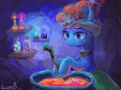 Size: 1023x756 | Tagged: safe, artist:laura211005, derpibooru import, meadowbrook, earth pony, pony, candle, cauldron, female, hoof hold, mare, solo