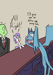 Size: 1000x1414 | Tagged: safe, artist:happy harvey, derpibooru import, princess ember, sweetie belle, oc, oc:anon, dragon, human, pony, unicorn, clothes, colored pupils, dialogue, dragon egg, drawn on phone, egg, suit