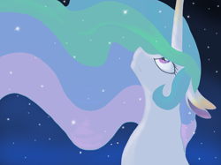 Size: 2310x1730 | Tagged: safe, artist:frozenfarron, derpibooru import, princess celestia, alicorn, pony, female, looking up, missing accessory, night, night sky, sky, solo