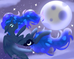 Size: 1024x820 | Tagged: safe, artist:kanimay, derpibooru import, princess luna, alicorn, pony, ears, falling, female, floppy ears, mare, moon, night, night sky, sky, solo, spread wings, wings