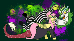 Size: 2560x1440 | Tagged: safe, artist:bellbell123, derpibooru import, discord, fluttershy, draconequus, pegasus, pony, beetlejuice, clothes, crossover, duo, female, lydia deetz, male, signature, snaggletooth
