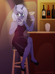 Size: 1200x1600 | Tagged: safe, artist:willoillo, derpibooru import, oc, oc only, oc:midnight starfall, anthro, pony, unicorn, alcohol, anthro oc, barstool, clothes, cocktail dress, commission, dress, female, freckles, jewelry, looking at you, mare, martini, necklace, raised eyebrow, sitting, solo