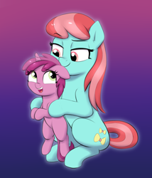 Size: 1616x1888 | Tagged: safe, artist:heretichesh, derpibooru import, ruby pinch, strawberry ice, earth pony, pony, unicorn, age difference, colored, female, filly, foal, holding a pony, looking at each other, mare, nervous, raised eyebrow, simple background