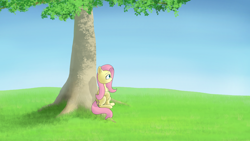 Size: 3840x2160 | Tagged: safe, artist:astralr, derpibooru import, fluttershy, pegasus, pony, female, folded wings, grass, high res, looking away, mare, outdoors, profile, raised hoof, raised leg, sitting, sky, solo, tree, under the tree, wings