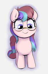 Size: 994x1516 | Tagged: safe, artist:heretichesh, derpibooru import, oc, oc only, oc:fundip, earth pony, pony, blushing, colored, female, filly, foal, glasses, looking down, simple background, solo