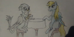 Size: 3264x1632 | Tagged: safe, artist:joey012, derpibooru exclusive, derpibooru import, derpy hooves, gabby, griffon, pegasus, coloured pencil, happy birthday mlp:fim, mlp fim's eleventh anniversary, pen, simple background, sitting, table, traditional art