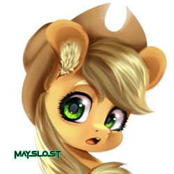 Size: 768x768 | Tagged: safe, artist:mayslost, derpibooru import, applejack, earth pony, pony, art, bust, cute, ear fluff, ears, female, jackabetes, looking at you, mare, open mouth, portrait, simple background, solo, surprised, white background