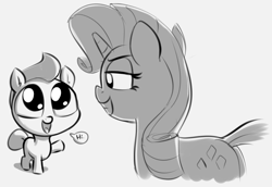 Size: 2210x1522 | Tagged: safe, artist:heretichesh, derpibooru import, part of a set, rarity, earth pony, unicorn, cocolt, colt, dialogue, female, introduction, looking at each other, male, mare, monochrome, sketch, waving