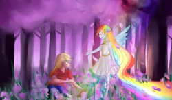 Size: 6000x3500 | Tagged: safe, artist:snowxueqi, derpibooru import, applejack, rainbow dash, human, equestria girls, appledash, female, forest, humanized, lavender, lesbian, male, outstretched hand, shipping, spirit, straight, winged humanization, wings