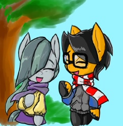 Size: 612x630 | Tagged: safe, artist:a.s.e, derpibooru import, marble pie, oc, oc:a.s.e, canon x oc, clothes, happy, love, ponysona, scarf, shipping, striped scarf, tree, walking