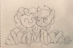 Size: 2048x1368 | Tagged: safe, artist:efuji_d, derpibooru import, applejack, pinkie pie, earth pony, pony, clothes, duo, eyes closed, female, mare, monochrome, one eye closed, open mouth, open smile, pencil drawing, scarf, shared clothing, shared scarf, sitting, smiling, traditional art