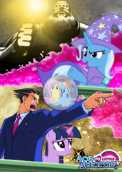 Size: 755x1058 | Tagged: safe, artist:turnaboutterror, derpibooru import, fluttershy, rainbow dash, trixie, twilight sparkle, ace attorney, crossover, phoenix wright, poster