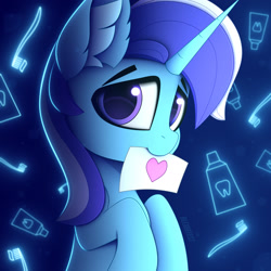 Size: 1920x1920 | Tagged: safe, artist:alexbefest, derpibooru import, minuette, pony, unicorn, blue, cute, ear fluff, ears, eyebrows, female, hoof hold, hooves, looking at you, mare, minubetes, mouth hold, neon, smiling, smiling at you, solo