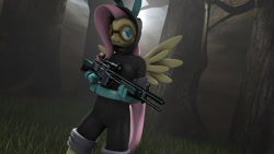 Size: 1280x720 | Tagged: safe, artist:mlpstevepvb, derpibooru import, fluttershy, anthro, pegasus, 3d, clothes, costume, dangerous mission outfit, female, forest, goggles, gun, hoodie, mare, rifle, solo, source filmmaker, weapon