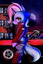 Size: 3333x5000 | Tagged: safe, artist:kranonetwork, derpibooru import, trixie, unicorn, 1970s, 80s, car, clothes, dutrot, eyelashes, female, fishnets, horn, jacket, neon, night, night sky, poster, racecar, sky, solo, stars, tail, trans female, trans trixie, transgender
