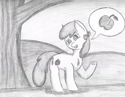 Size: 1280x988 | Tagged: safe, artist:bronyguard, derpibooru import, apple bloom, earth pony, pony, alternate cutie mark, female, filly, foal, solo, speech bubble, traditional art, tree