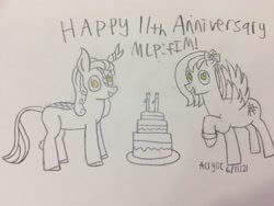 Size: 3264x2448 | Tagged: safe, derpibooru import, autumn blaze, oc, oc:azure acrylic, kirin, pegasus, cake, food, mlp fim's eleventh anniversary, traditional art