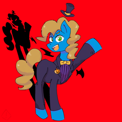 Size: 768x768 | Tagged: safe, artist:metaruscarlet, derpibooru import, oc, oc only, oc:silly scribe, earth pony, pony, bowtie, clothes, halloween, hat, holiday, male, open mouth, pants, raised hoof, raised leg, red background, shadow, shirt, simple background, solo, stallion, suit, top hat, waving