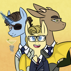 Size: 1024x1024 | Tagged: safe, artist:viking3ggs, derpibooru import, bat pony, earth pony, pony, unicorn, bat wings, bust, clothes, eyepatch, glasses, gradient background, kingsman: the secret service, male, necktie, ponified, smiling, stallion, suit, wings