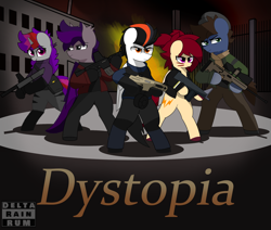 Size: 2600x2200 | Tagged: safe, artist:deltarainrum, derpibooru import, oc, oc only, oc:artfire, oc:delta rain, oc:dewshine, oc:skylight, oc:whammy, bipedal, clothes, group, gun, weapon