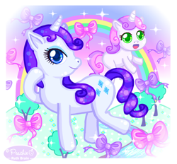 Size: 666x617 | Tagged: safe, artist:princess-peachie, derpibooru import, rarity, sweetie belle, pony, unicorn, bow, cute, hair bow, looking at you, rainbow, raribetes, tree