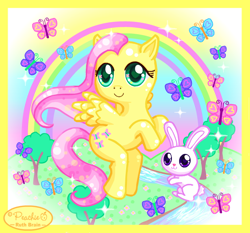 Size: 650x607 | Tagged: safe, artist:princess-peachie, derpibooru import, angel bunny, fluttershy, butterfly, pegasus, pony, rabbit, animal, cute, flying, looking at you, rainbow, shyabetes, tree