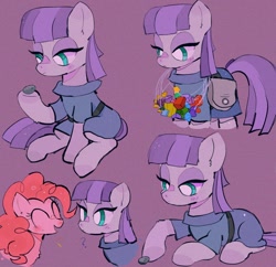 Size: 1024x990 | Tagged: safe, artist:bug-roux, derpibooru import, boulder (pet), maud pie, pinkie pie, earth pony, pony, cute, ear fluff, ears, eyes closed, lying down, open mouth, pie sisters, prone, purple background, rock candy necklace, siblings, simple background, sisters