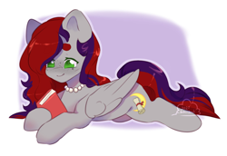 Size: 1600x1100 | Tagged: safe, artist:babiiclouds, derpibooru import, oc, oc only, oc:evening prose, pegasus, book, female, freckles, jewelry, mare, necklace, pearl necklace