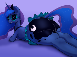 Size: 3500x2576 | Tagged: safe, artist:parumpi, derpibooru import, princess luna, alicorn, pony, butt, clothes, commission, commissioner:reversalmushroom, crown, dock, ethereal mane, female, jewelry, mare, miniskirt, moonbutt, plot, praise the moon, regalia, skirt, smiling, starry mane, starry tail, sunglasses, tail, the ass was fat