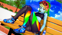 Size: 1920x1080 | Tagged: safe, artist:ratachu666, derpibooru import, rainbow dash, equestria girls, 3d, ass, bench, butt, clothes, female, koikatsu, looking at you, sitting, smiling, solo, sports bra