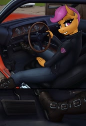 Size: 2480x3600 | Tagged: safe, artist:apocheck13, derpibooru import, scootaloo, anthro, boots, camera, car, clothes, cutie mark, cutie mark on clothes, female, grin, high res, jacket, leather, leather boots, leather jacket, looking at you, looking back, looking back at you, older, older scootaloo, pedal, plymouth hemi cuda, punk, shoes, sitting, smiling, smiling at you, solo