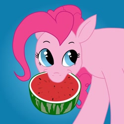 Size: 900x900 | Tagged: safe, artist:pony quarantine, derpibooru import, pinkie pie, earth pony, pony, female, food, mare, mouth hold, ponified animal photo, solo, watermelon