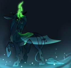 Size: 1295x1250 | Tagged: safe, artist:rockin_candies, derpibooru import, queen chrysalis, changeling, changeling queen, firefly (insect), insect, chest fluff, crown, dark background, female, glowing, glowing eyes, glowing horn, horn, jewelry, leonine tail, looking back, raised hoof, raised leg, regalia, solo, spots, tail, wings