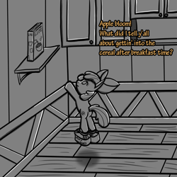 Size: 1000x1000 | Tagged: safe, artist:technocolt, derpibooru import, apple bloom, earth pony, pony, cereal, clothes, female, filly, foal, food, grayscale, implied applejack, jumping, mare, monochrome, moon shoes, newbie artist training grounds, offscreen character, shoes, solo