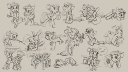 Size: 3000x1688 | Tagged: safe, artist:ruffu, derpibooru import, apple bloom, applejack, sweetie belle, earth pony, pony, unicorn, crying, facial expressions, female, filly, foal, littlest pet shop, mare, older, sketch, sketch dump, zoe trent