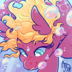 Size: 400x400 | Tagged: safe, artist:clovercoin, derpibooru import, oc, oc only, merpony, seapony (g4), blue background, blue eyes, bubble, crepuscular rays, eyelashes, female, ocean, signature, simple background, smiling, solo, sunlight, swimming, underwater, water, wings, yellow mane