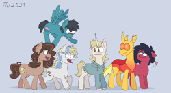 Size: 2151x1177 | Tagged: safe, artist:beefgummies, derpibooru import, oc, oc only, oc:beef gummies, oc:brynn, oc:fat jellyfish, oc:penny, oc:suspicious dealer, oc:the magical pony dude, changedling, changeling, earth pony, pegasus, pony, unicorn, :p, bedroom eyes, black mane, black tail, blue background, blue coat, blue eyes, blushing, brown coat, brown eyes, brown mane, brown tail, changeling oc, cheek squish, clothes, curly hair, curly mane, curly tail, cute, cutie mark, ears, earth pony oc, emanata, eye clipping through hair, eye contact, eyebrows, eyebrows visible through hair, female, floppy ears, flying, group, happy, height difference, hoodie, horn, looking at each other, looking over shoulder, male, mlp fim's eleventh anniversary, pegasus oc, poofy mane, red coat, sextet, signature, simple background, smiling, squishy cheeks, standing, striped mane, striped tail, tail, tongue, tongue out, trotting, two toned mane, two toned tail, unicorn oc, volumetric mouth, wall of tags, white coat, wholesome, wingding eyes, wings, yellow mane, yellow tail