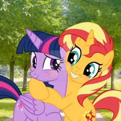 Size: 1600x1600 | Tagged: safe, artist:icydreamarts, derpibooru import, sunset shimmer, twilight sparkle, twilight sparkle (alicorn), alicorn, pony, unicorn, equestria girls, bipedal, blushing, deviantart watermark, female, hug, lesbian, mare, obtrusive watermark, shipping, smiling, sunsetsparkle, tree, watermark