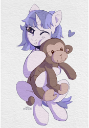 Size: 1640x2360 | Tagged: safe, artist:kotya, derpibooru import, oc, oc:atrium, monkey, pony, unicorn, heart, hug, plushie, solo