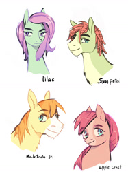 Size: 1280x1708 | Tagged: safe, artist:lovelyluckyy, derpibooru import, oc, oc only, oc:apple crust, oc:lilac, oc:mcintosh jr., oc:sun petal, earth pony, pegasus, pony, bust, female, half-siblings, magical lesbian spawn, male, mare, offspring, parent:big macintosh, parent:fluttershy, parent:tree hugger, parents:flutterhugger, parents:fluttermac, siblings, simple background, stallion, white background