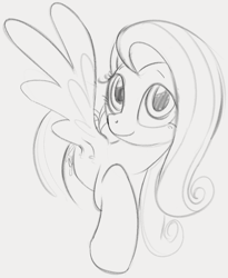 Size: 730x891 | Tagged: safe, artist:dotkwa, derpibooru import, fluttershy, pegasus, pony, cute, female, grayscale, looking at you, mare, monochrome, raised hoof, raised leg, shyabetes, sketch, smiling, smiling at you, solo, spread wings, wingpit, wings