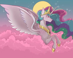 Size: 1280x1024 | Tagged: safe, artist:synubus, derpibooru import, princess celestia, alicorn, pony, cloud, crown, ethereal mane, feather, female, flowing mane, hoof shoes, horn, jewelry, moon, night, pink eyes, regalia, signature, starry mane, stars, wings