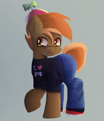 Size: 1298x1500 | Tagged: safe, artist:menalia, derpibooru import, button mash, earth pony, pony, clothes, colt, controller, gray background, happy, heart, male, pants, shirt, shoes, simple background, smiling, sneakers, solo, t-shirt, text