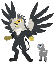 Size: 1107x1269 | Tagged: safe, artist:minus, derpibooru exclusive, derpibooru import, oc, oc only, oc:ash gnot, oc:grey gnot, deer, griffon, adopted offspring, age difference, bipedal, chest fluff, clenched fist, colored, colored wings, daybreak island, deer oc, duo, fawn, female, golden eyes, griffon oc, leonine tail, looking up, male, mlp fim's eleventh anniversary, mother and child, mother and son, muscles, muscular female, parent and child, paws, pixel art, simple background, size difference, spots, spread wings, starry eyes, tail, transparent background, two toned wings, wingding eyes, wings, yelling