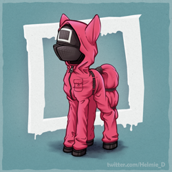 Size: 1815x1814 | Tagged: safe, artist:helmie-art, derpibooru import, oc, pony, clothes, crossover, fanart, hood, jumpsuit, mask, outfit, pink guard (squid game), ponified, solo, square, squid game, standing, three quarter view, unnamed oc