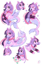 Size: 900x1399 | Tagged: safe, artist:ipun, derpibooru import, oc, oc only, merpony, seapony (g4), bubble, cute, eyes closed, female, fin wings, fins, fish tail, flower, flowing tail, looking at you, one eye closed, open mouth, open smile, signature, simple background, smiling, solo, tail, teeth, tongue, tongue out, white background, wings, wink